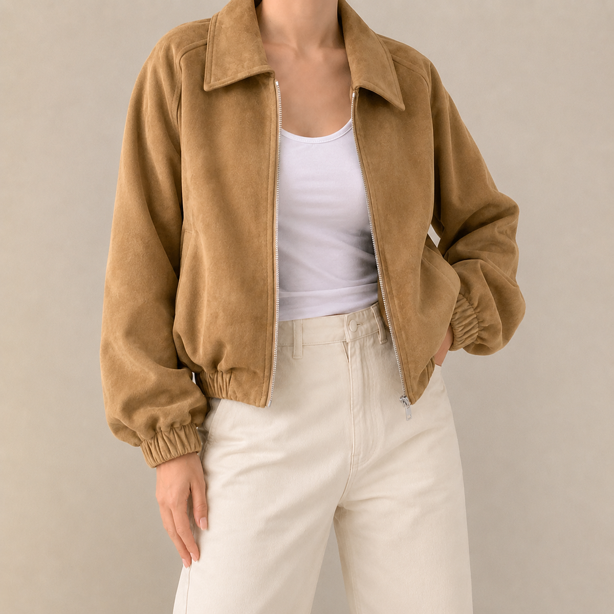 Crop Jacket Faux Suede Loose with Large Collar and Two-Way Zip