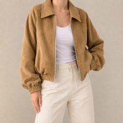 Crop Jacket Faux Suede Loose with Large Collar and Two-Way Zip