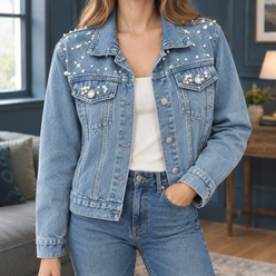 Denim Jacket Washed with Pearl and Gem Embellishment, Flap Pockets