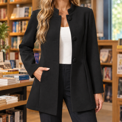 Blazer Polyester Longline with Stand Collar and Fabric-Covered Buttons