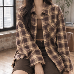 Overshirt Jacket Cotton Blend Plaid Oversized with Distressed Edges