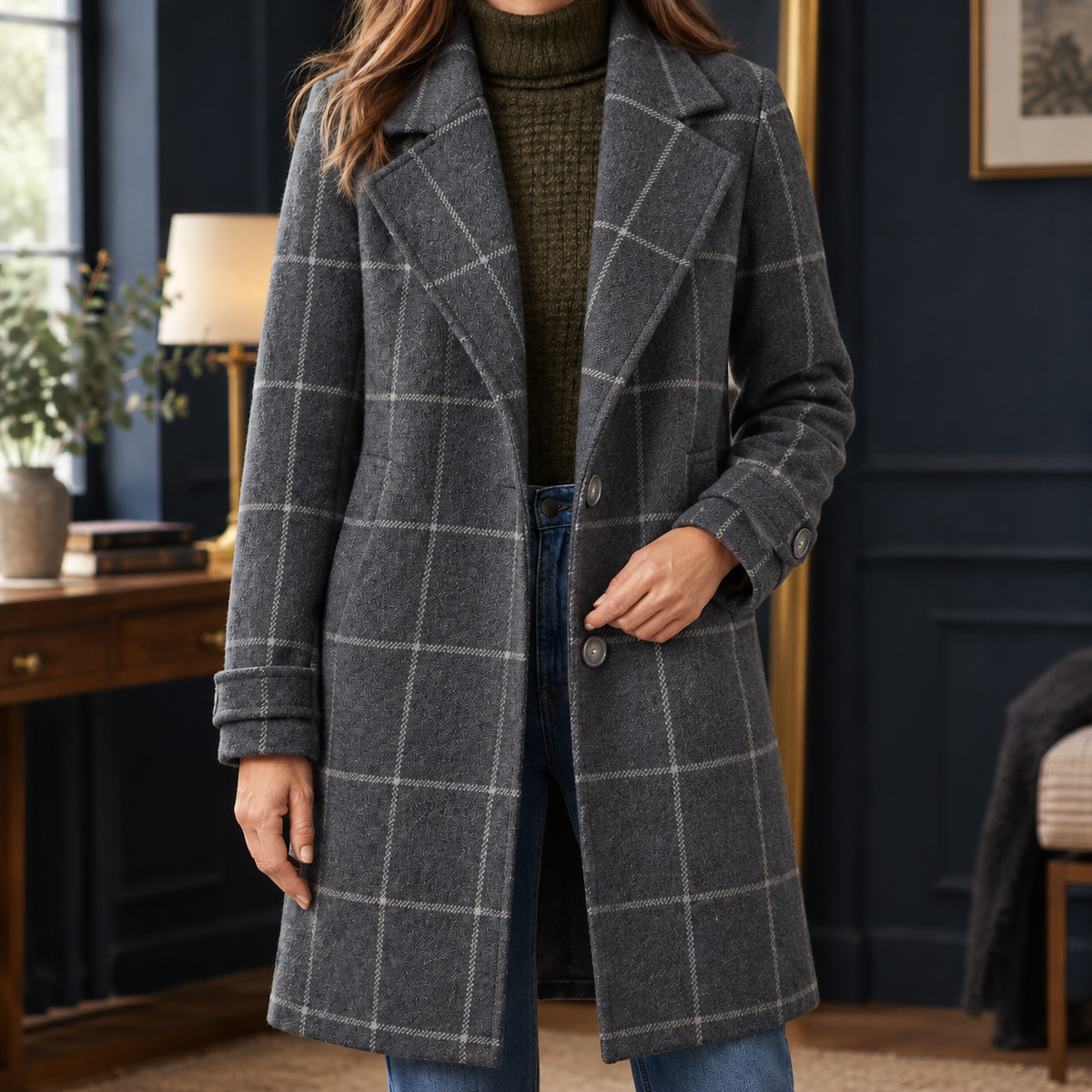Jacket Polyester Windowpane Check Relaxed with Notch Lapels