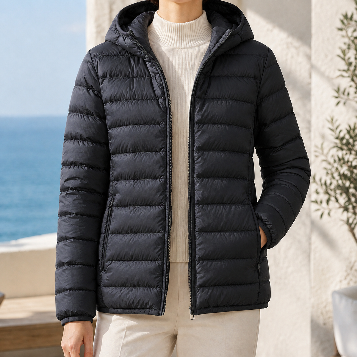 Puffer Jacket White Duck Down Hooded with Horizontal Quilting and Zip