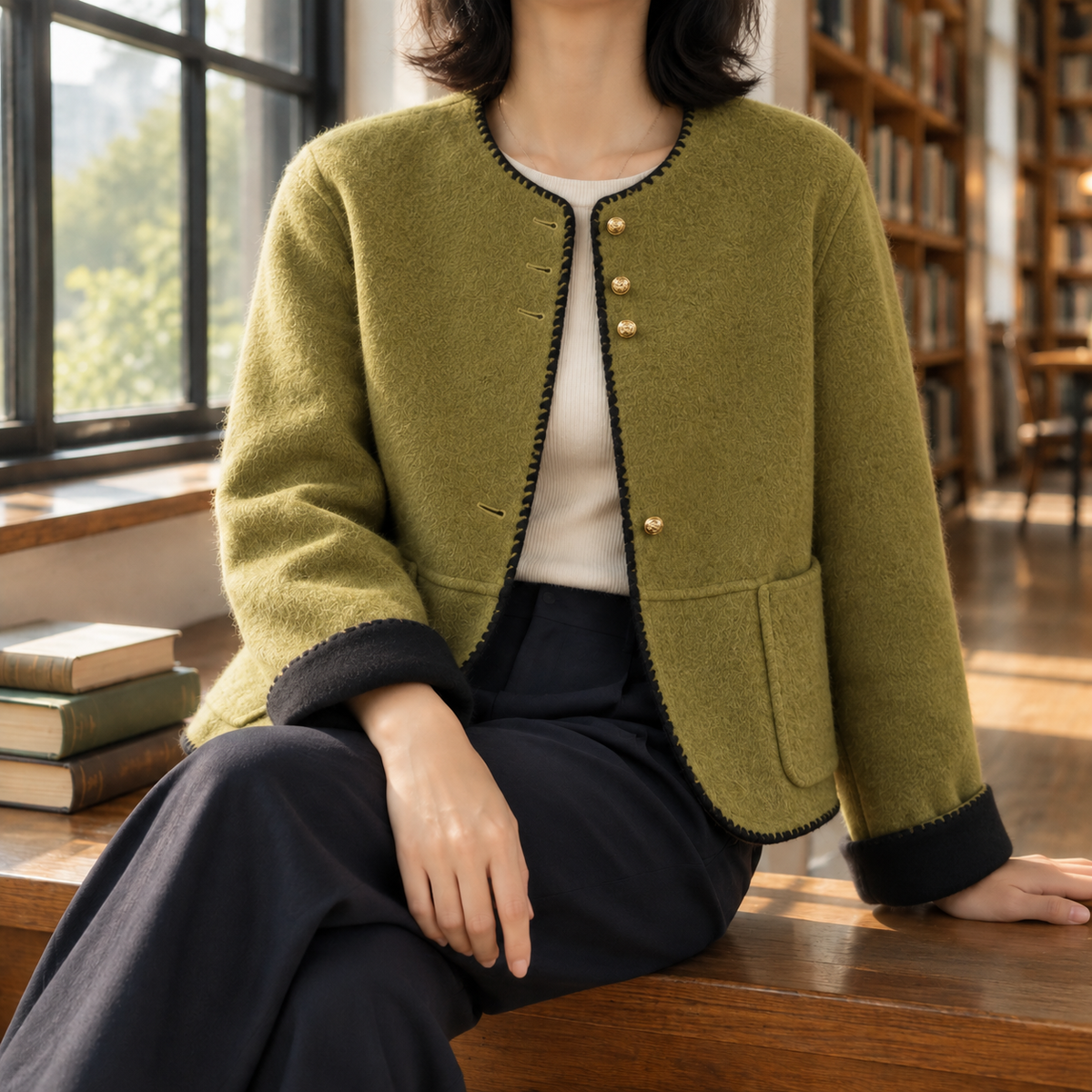 Jacket Wool Relaxed Hip-Length with Contrast Cuffs and Round Neckline