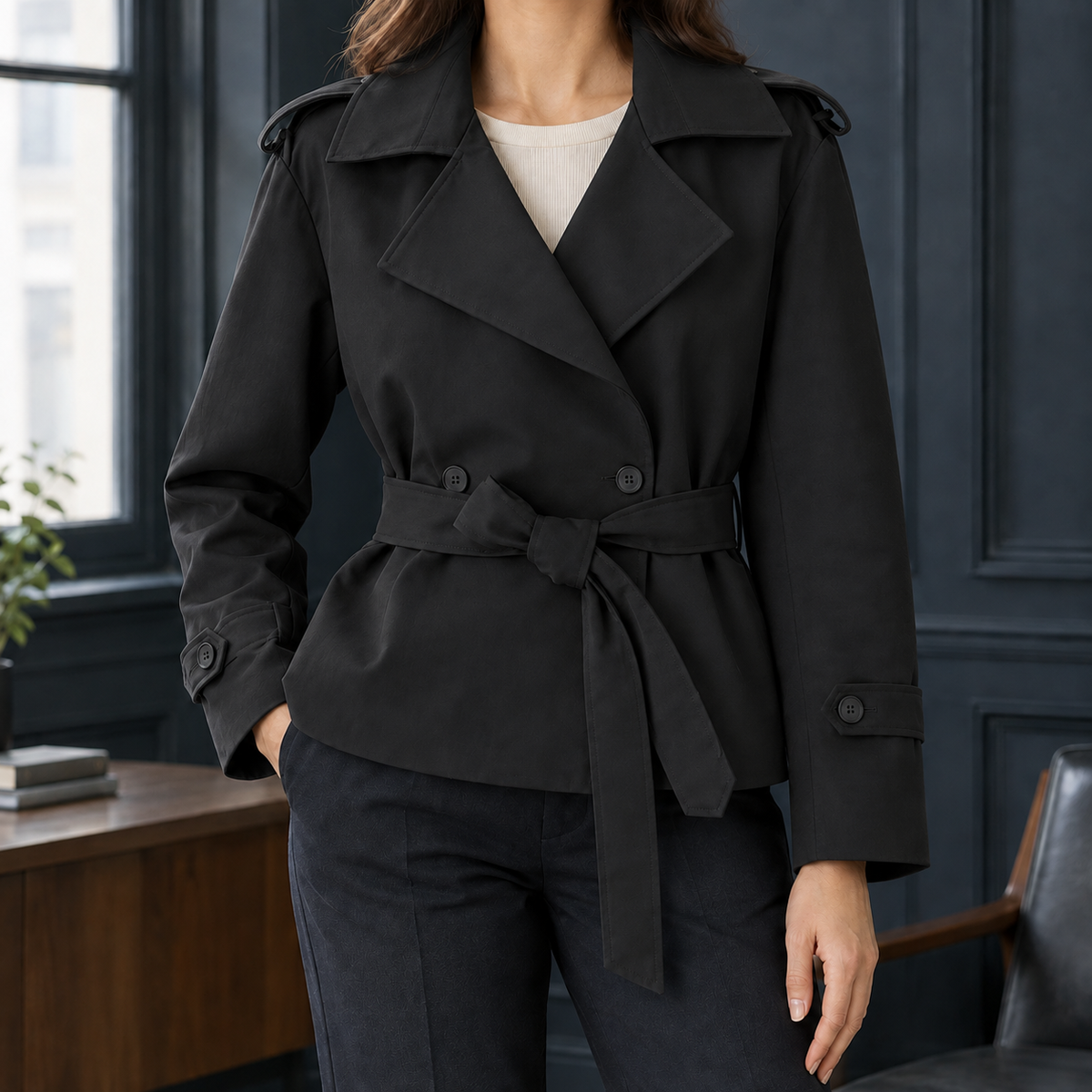 Belted Jacket Polyester Short with Wide Lapels and Self-Tie Waist