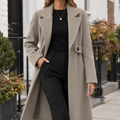 Coat Wool Longline Straight with Waist Tab and Wide Turned-Back Cuffs