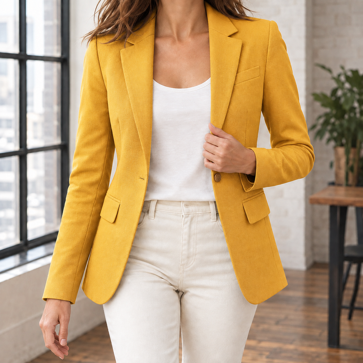 Blazer Polyester Single-Button with Notched Lapels and Shaped Waist