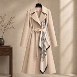 Overcoat Polyester Longline with Ring-Buckle Belt and Contrast Panel