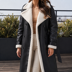 Coat Polyester Belted Longline with Plush Contrast Trim