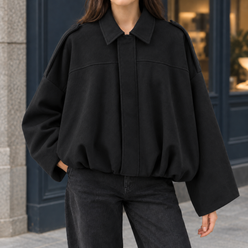 Bomber Jacket Faux Suede with Batwing Sleeves and Gathered Bubble Hem