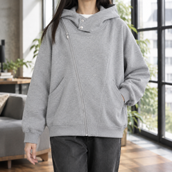 Asymmetric Zip Hoodie with High Snap Collar
