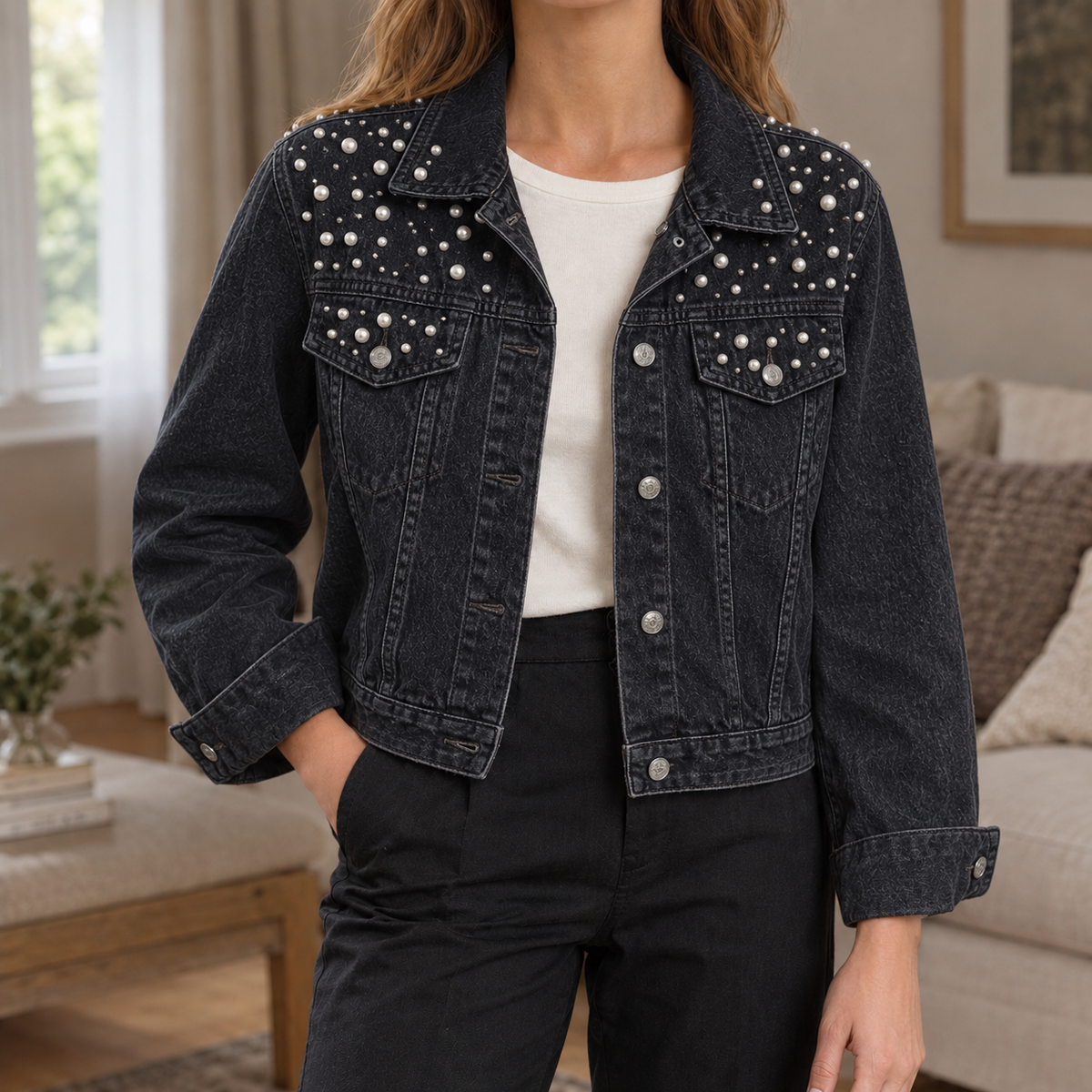 Denim Jacket Relaxed Waist-Length with Pearl Embellishments