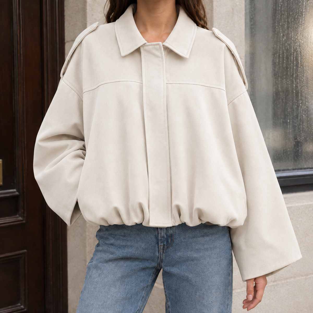 Bomber Jacket Faux Suede Relaxed with Dropped Shoulders and Bubble Hem