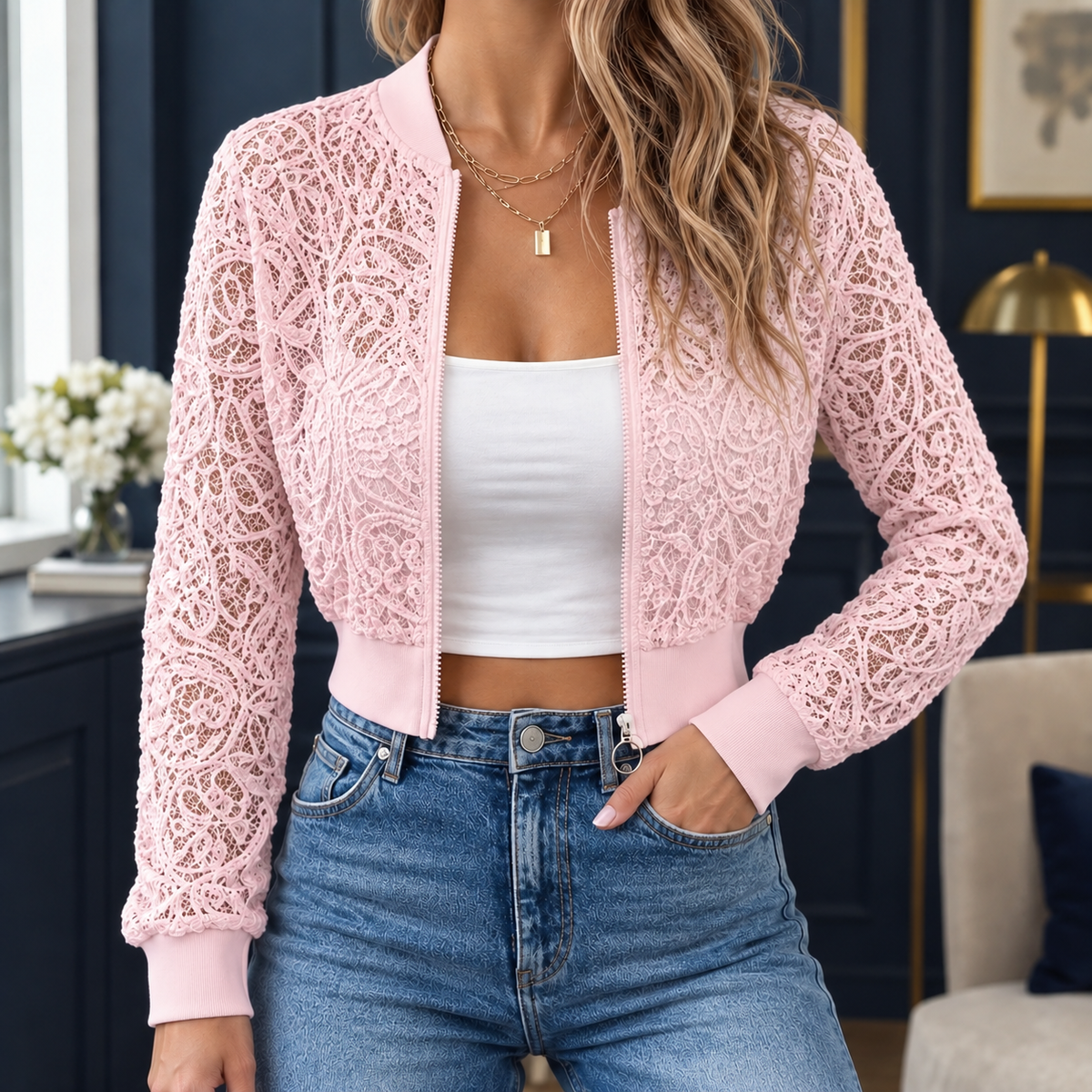 Lace Jacket Polyester Sheer Floral Cropped Bomber with Full Zip