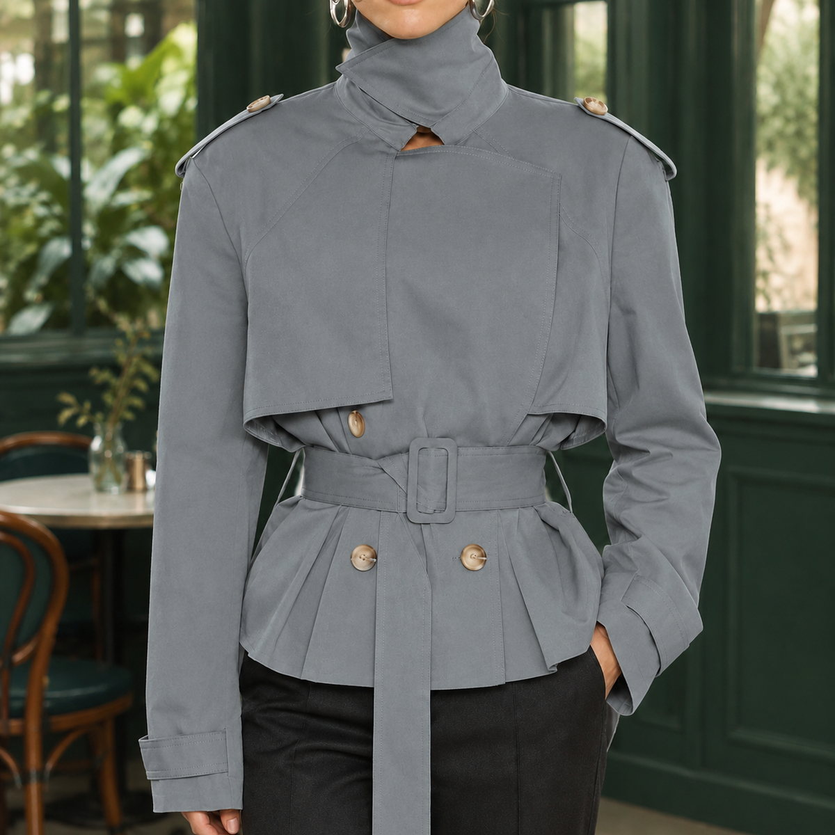 Belted Jacket Polyester Short with Layered Storm Flaps and Wrap Collar