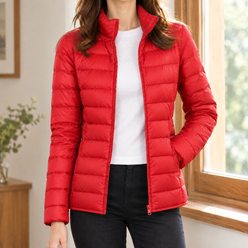 Quilted Jacket Polyester Lightweight with Stand Collar and Full Zip