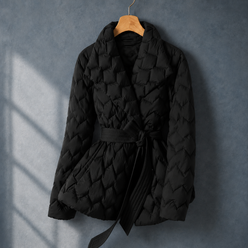 Quilted Jacket Polyester Diamond Quilted with Shawl Collar and Belt