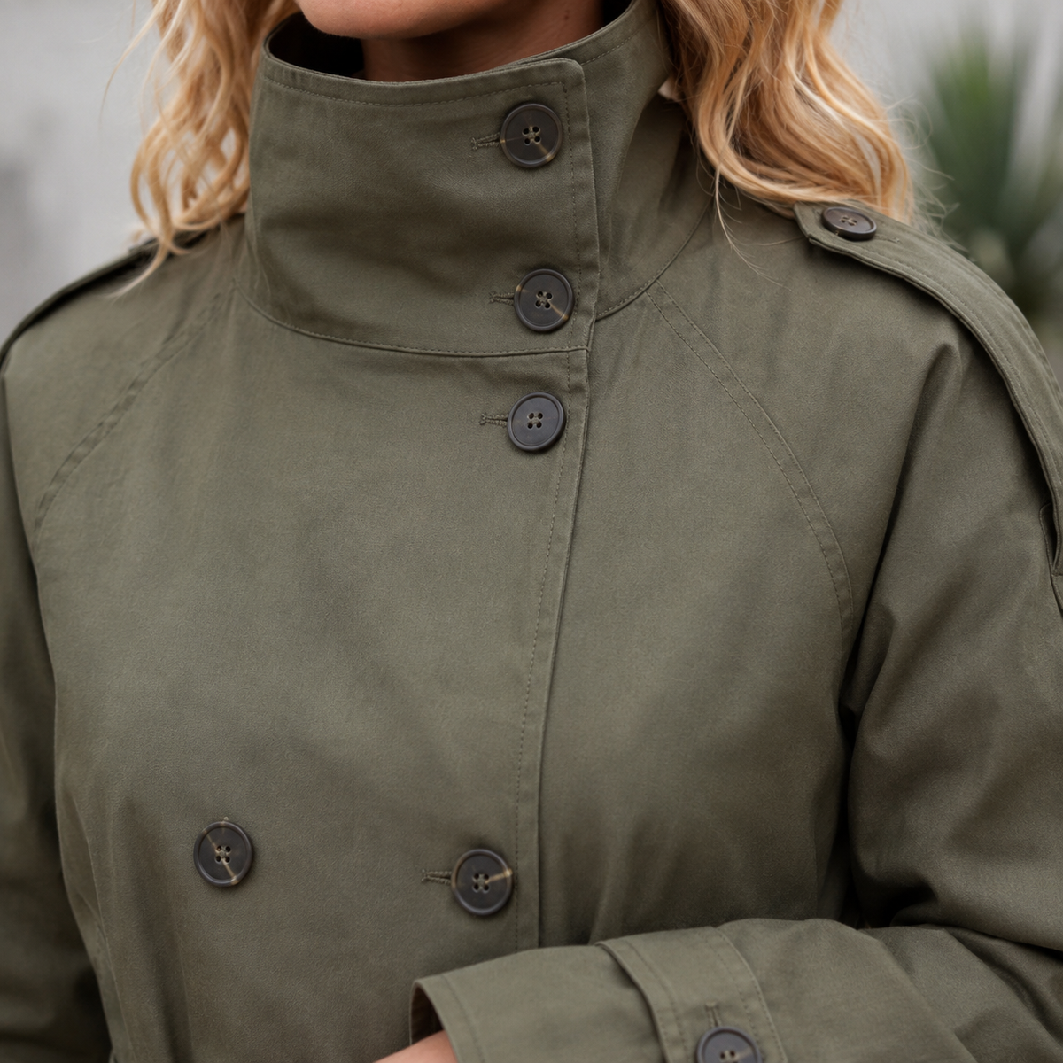 Trench Jacket Polyester Cropped Double-Breasted with Self-Tie Belt