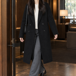 Coat Wool Double-Breasted Longline with Notched Lapels
