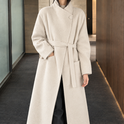 Coat Wool-Rich Blend Asymmetric Wrap Front with Stand Collar