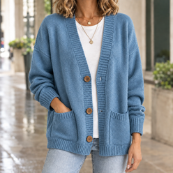 Ribbed V-Neck Cardigan with Dropped Shoulders