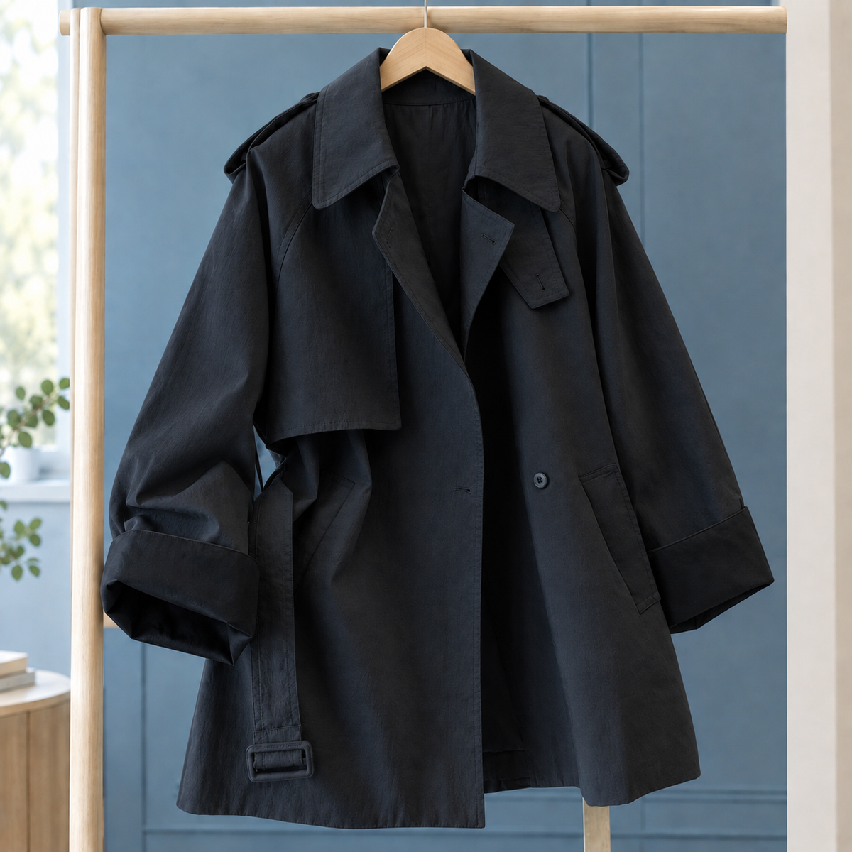 Overcoat Cotton Blend Belted with Oversized Collar and Turn-Back Cuffs