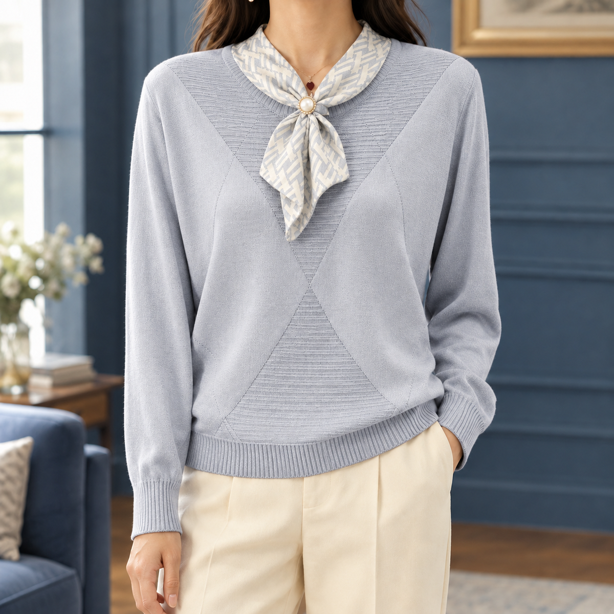 Scarf Neck Jumper with Patterned Tie