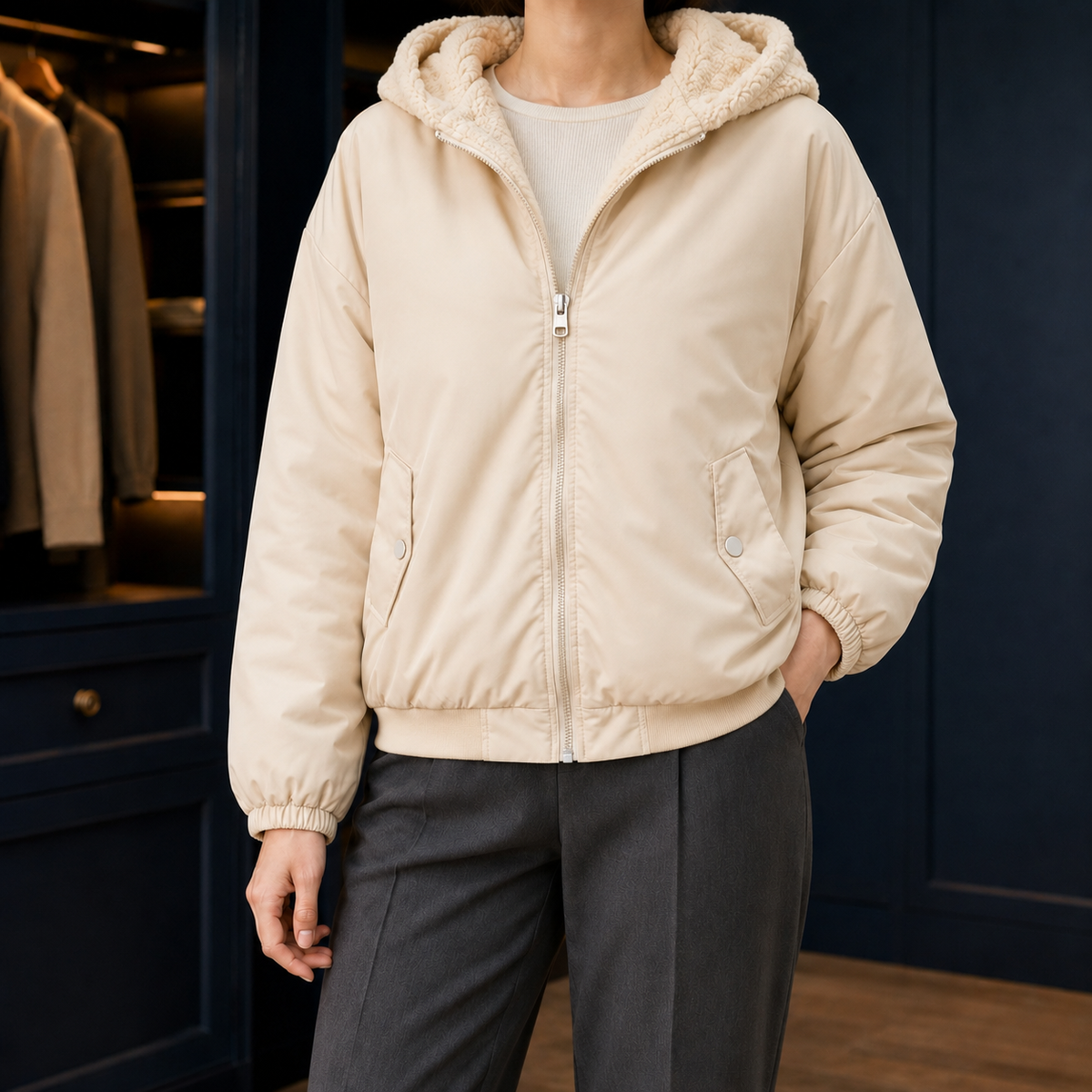 Hooded Jacket Polyester Fleece-Lined with Full Zip and Snap Pockets