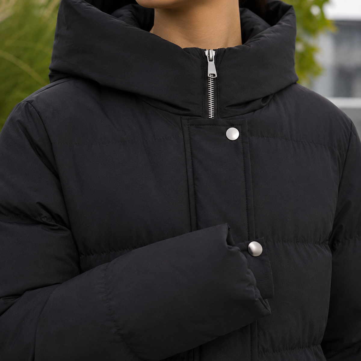 Puffer Jacket Polyester Longline with Padded Hood and Side Vents