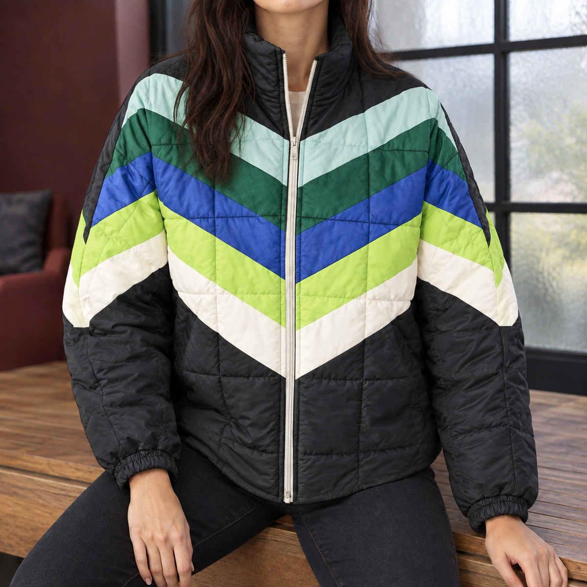 Quilted Jacket Polyester Loose Hip-Length with Chevron Colourblock
