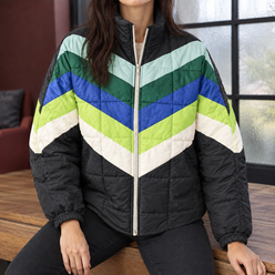 Quilted Jacket Polyester Loose Hip-Length with Chevron Colourblock