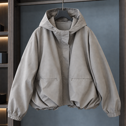 Cocoon Jacket Polyester Hooded with Bubble Hem and Concealed Zip