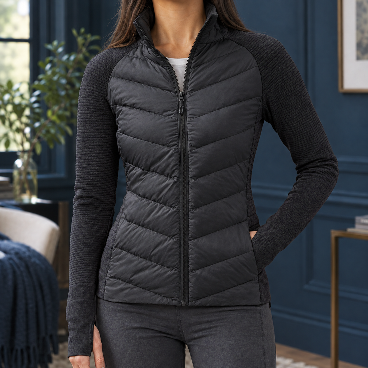 Quilted Jacket Polyester with Stand Collar and Thumbhole Cuffs