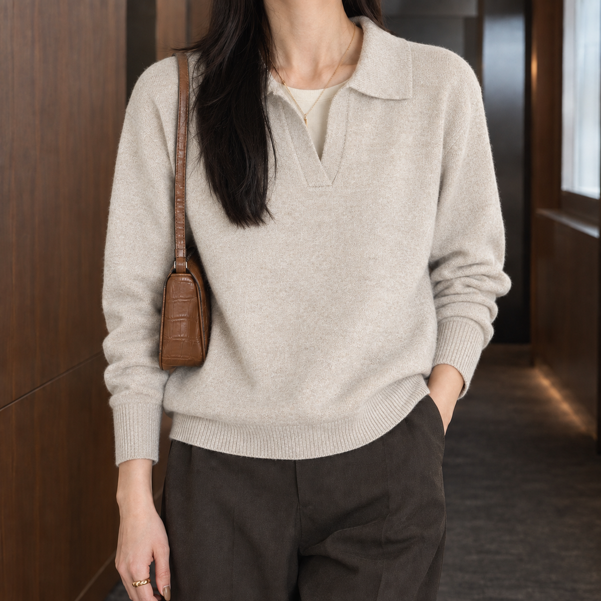Relaxed Open Polo Collar Jumper