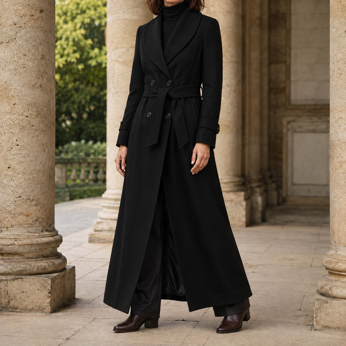 Overcoat Polyester Tailored Longline with Broad Lapels and Pockets