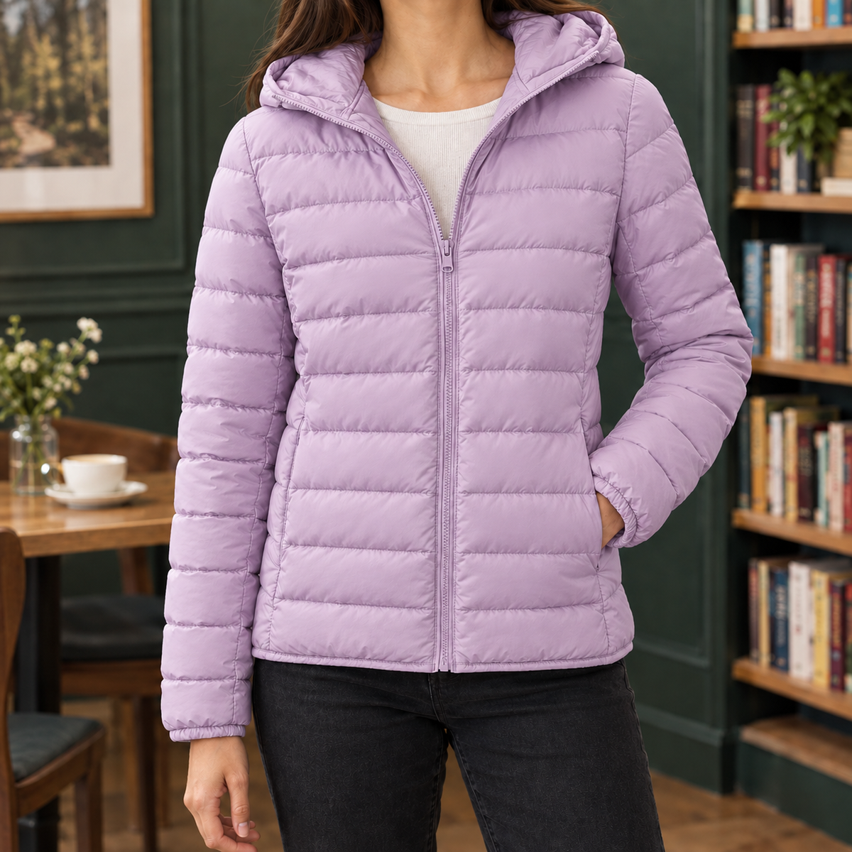 Puffer Jacket Cashmere-Feel with Hood, Down Filling and Full Zip