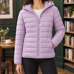 Puffer Jacket Cashmere-Feel with Hood, Down Filling and Full Zip
