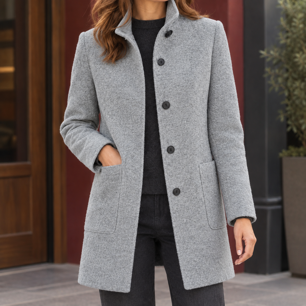 Coat Wool Blend Stand Collar with Four-Button Front