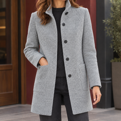 Coat Wool Blend Stand Collar with Four-Button Front