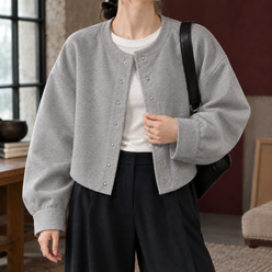 Jacket Polyester Cropped with Round Neckline and Snap Front