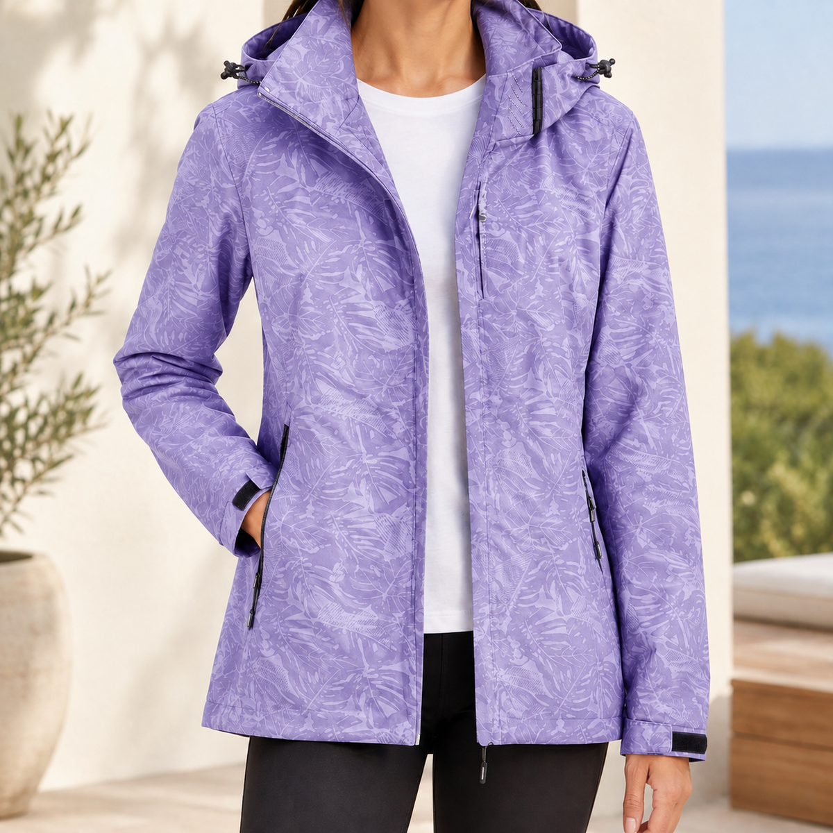 Rain Jacket Waterproof Polyester Insulated with Drawcord Hood