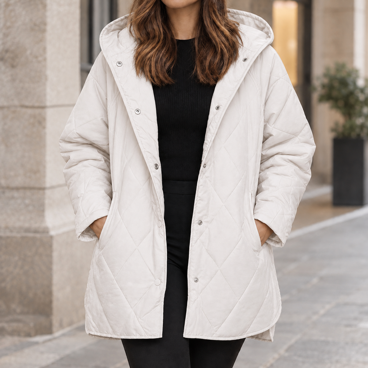 Hooded Quilted Jacket Polyester Diamond Stitching with Snap Front