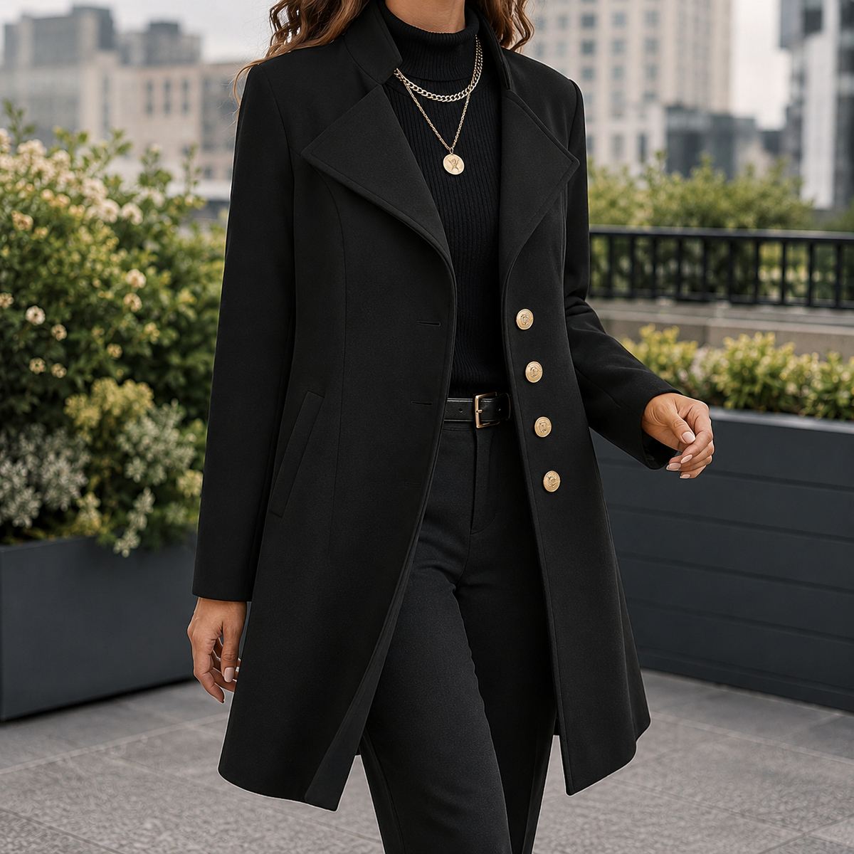 Coat Wool Mid-Length with Wide Notched Collar and Gold-Tone Buttons