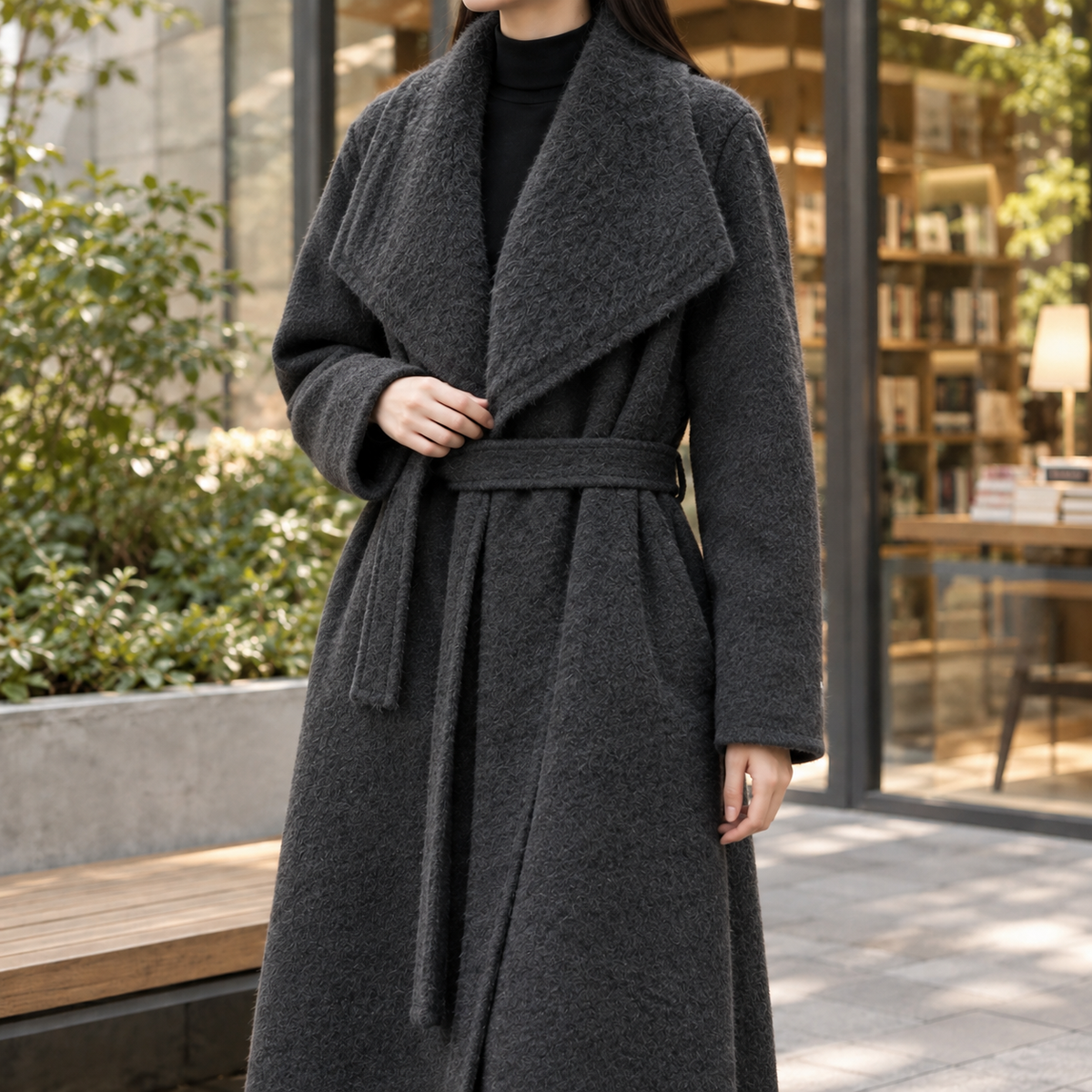 Coat Wool Blend Belted Longline with Oversized Shawl Collar