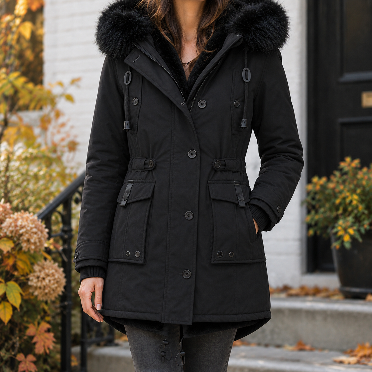 Overcoat Polyester Longline with Plush-Trimmed Hood and Cinched Waist