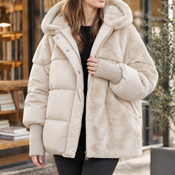 Panelled Jacket Cotton Blend with Plush and Quilted Panels and Hood