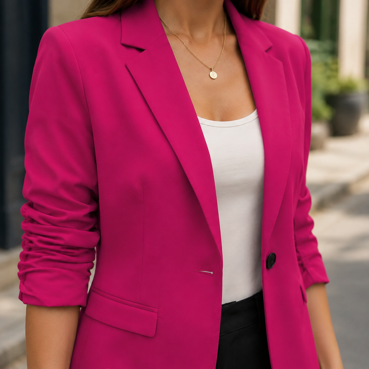 Blazer Polyester with Ruched Three-Quarter Sleeves and Notched Lapels