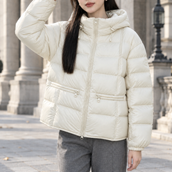 Quilted Jacket Duck Down Hooded Relaxed with Zip Waist Pockets