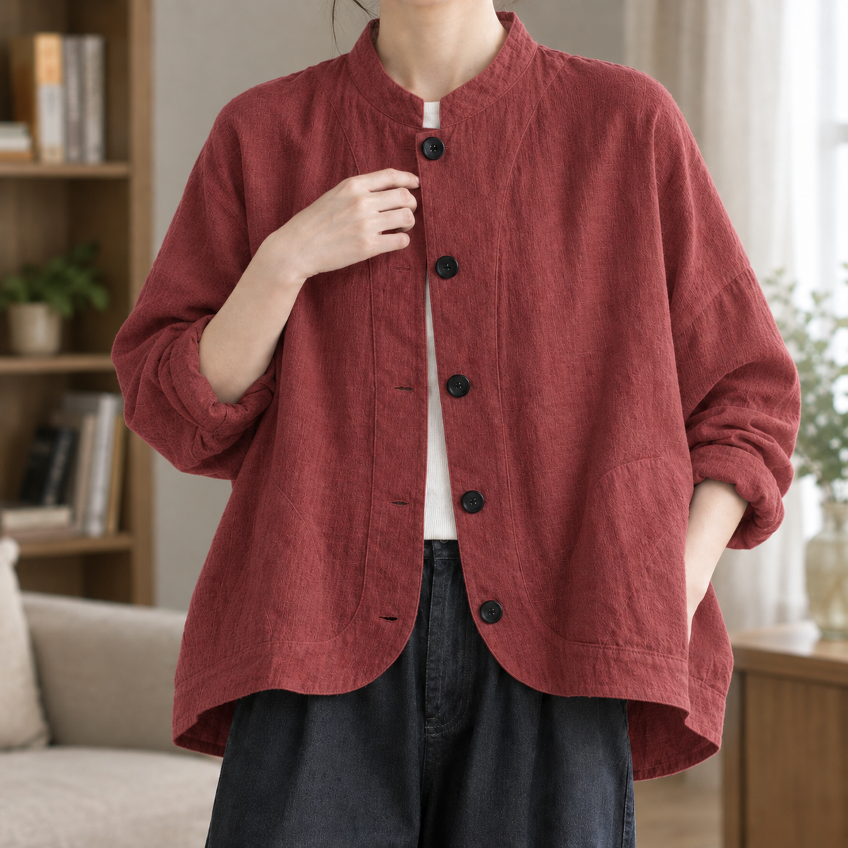 Stand Collar Jacket Cotton Blend Gauze Batwing with Button Front