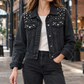 Denim Jacket Washed Cropped with Pearl-Like Studs and Pointed Collar